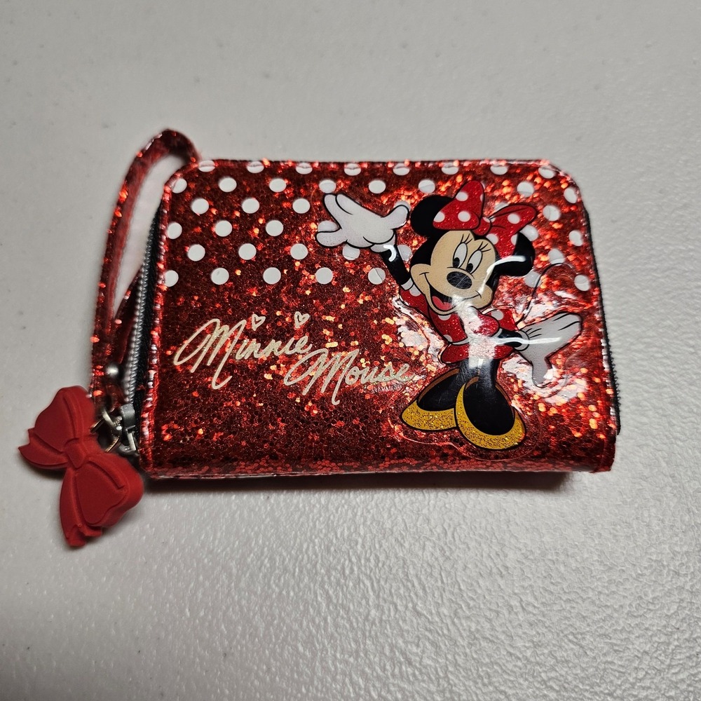 Disney Minnie Mouse Red‎ Glitter Polka Dot Zip Around Wristlet Wallet Hong Kong